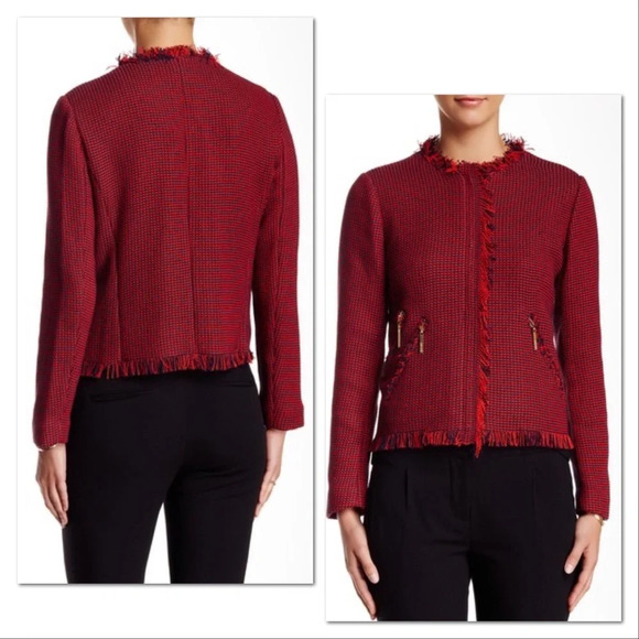 PAPERWHITE EUC Red Navy Textured Fringed Blazer - Picture 3 of 14
